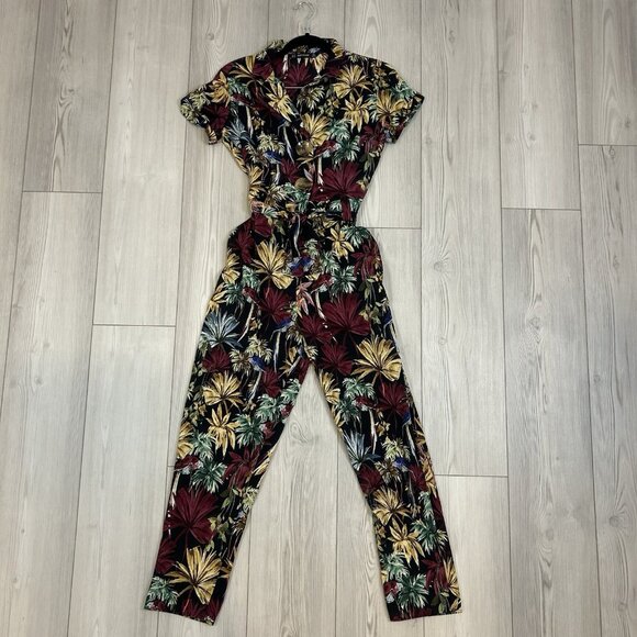 Zara Basic Tropical Print Jumpsuit with Belt, Short Sleeve, Size XS - Picture 8 of 10